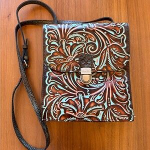 Patricia Nash Brown and Teal Embossed Crossbody Bag
